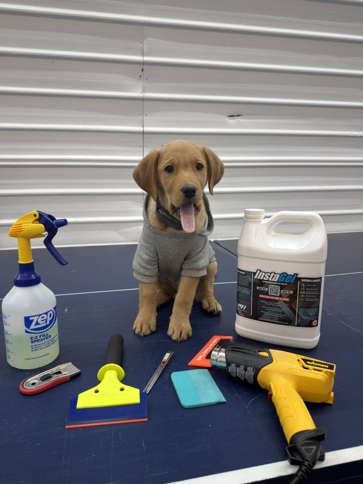 Cooper in his grey hoodie, smiling beside the squeegees, knives and heat gun